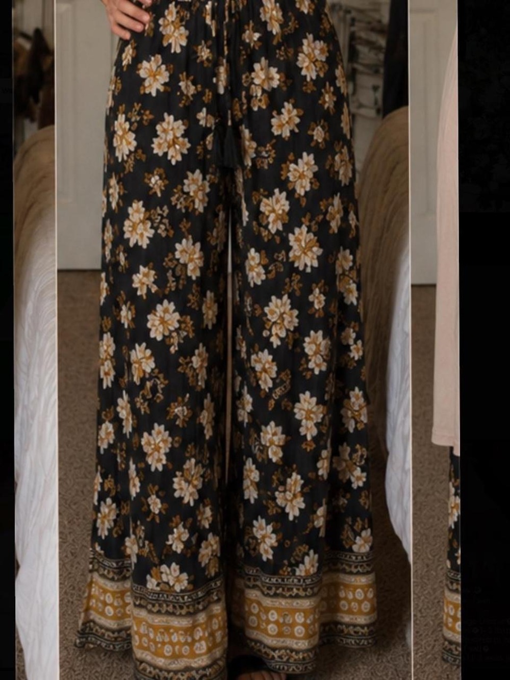 Rip Curl Black Wide-Leg Floral Palazzo Pants with Mustard Accents